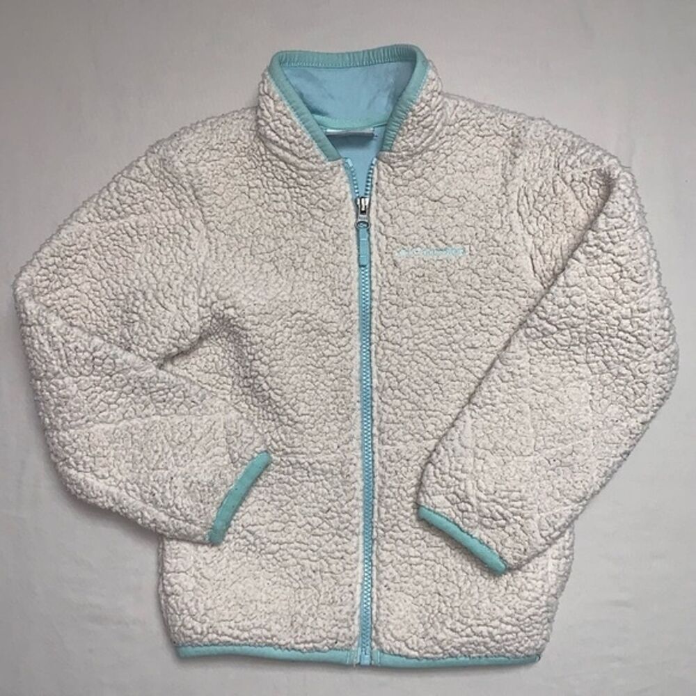Columbia Sherpa Girl’s 4-5 Off White Light Blue Full Zip Fleece Jacket Summer